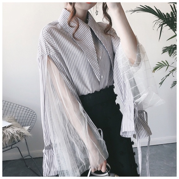 Exaggerated Collar Tulle Stripe Top - Picture 3 of 8